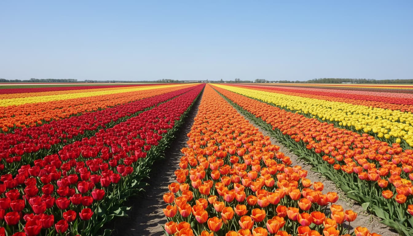 Dutch waterways at golden hour with windmills, tulip fields and green polders