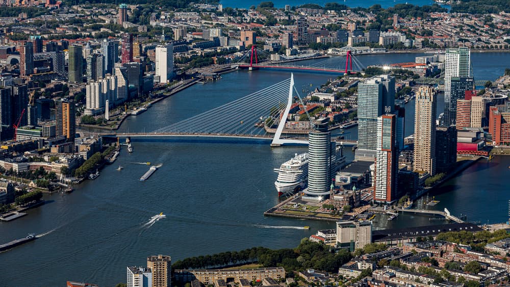 Aerial view of Rotterdam with the Erasmus Bridge over the river