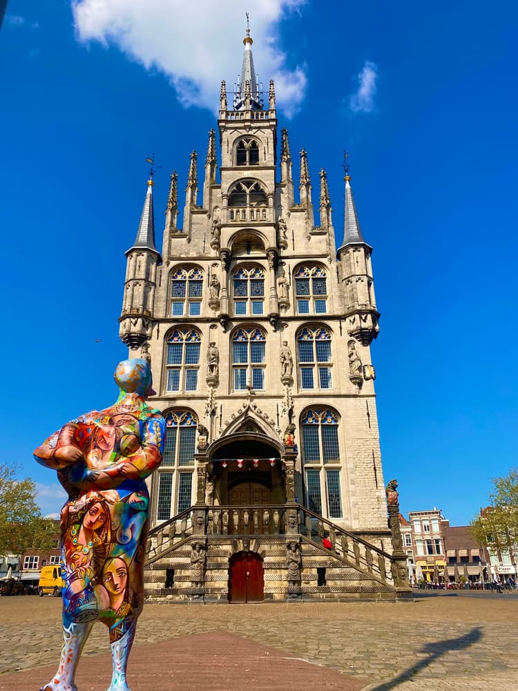 Gothic town hall of Gouda against a blue sky