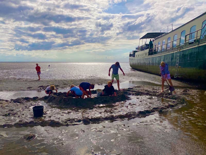 Ship Josefien dried out on a Wadden Sea sandbank while guests dig in the sand beside her